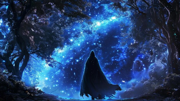 Figura disfrazada paseando por el mágico sendero del bosque antiguo bajo las estrellas