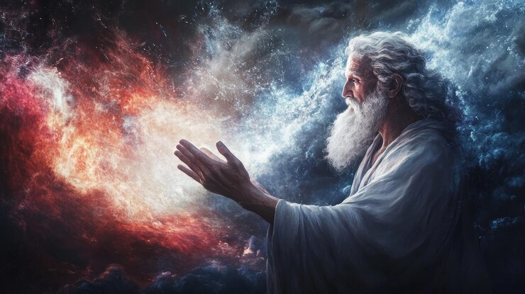 Foto una figura divina crea elementos cósmicos en medio de un dramático telón de fondo celestial