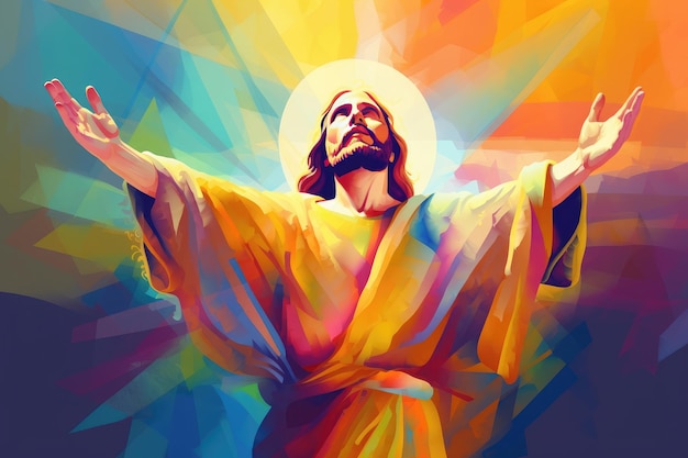 Figura do cristianismo Imagem colorida de Jesus Cristo em fundo iluminado com cores Generative AI