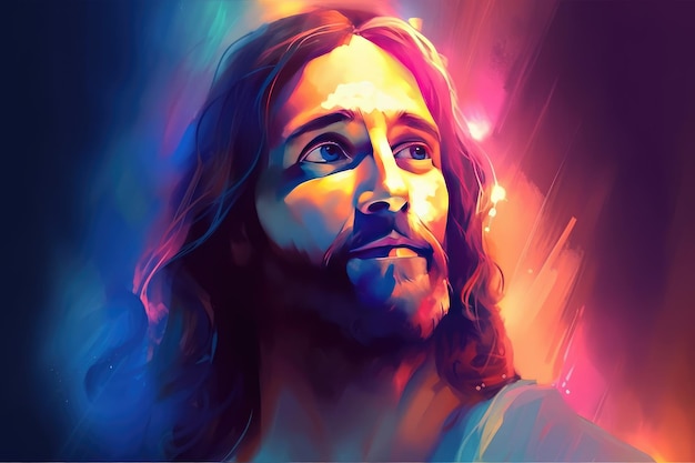 Figura do cristianismo Imagem colorida de Jesus Cristo em fundo iluminado com cores Generative AI