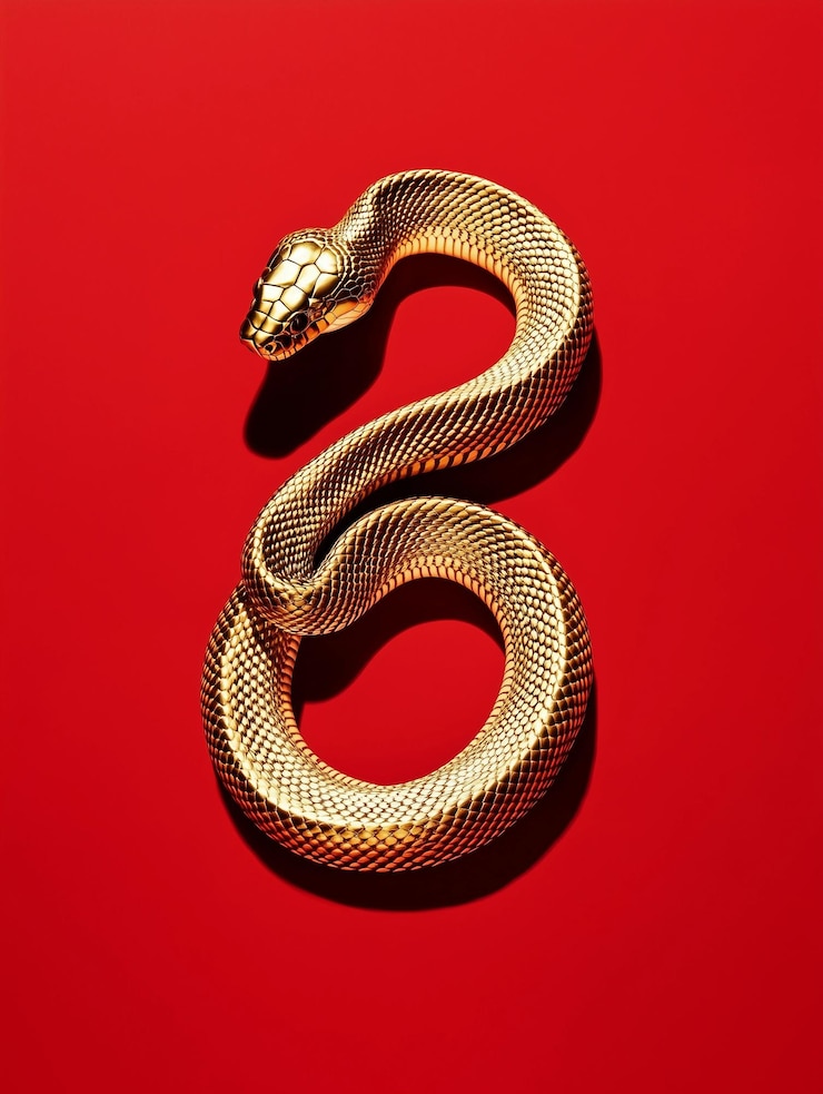 Foto figura dourada em forma de cobra em fundo vermelho composição simétrica tema de cobra do zodíaco chinês