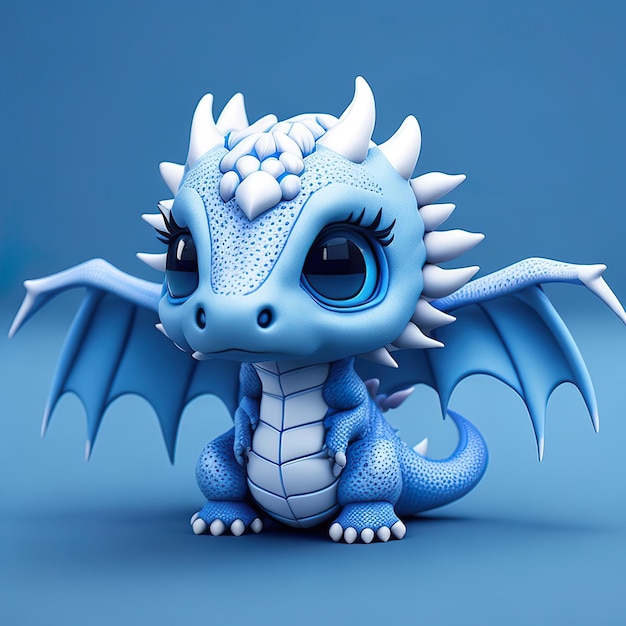 Una figura de dragón azul con cola blanca y alas azules.