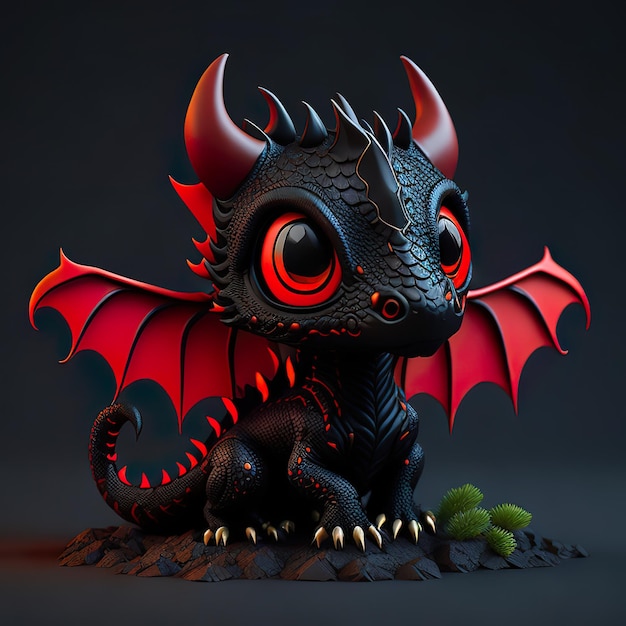 Una figura de dragón negro con ojos rojos y cuernos rojos.