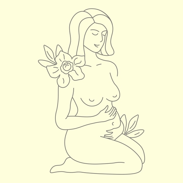 Figura de embarazo y maternidad de una mujer embarazada sentada y sosteniendo su vientre ilustración lineal