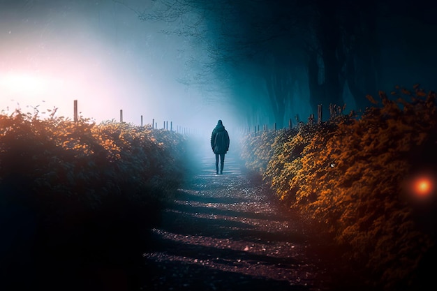 Una figura encapuchada caminando por la calle en una tarde de niebla IA generativa