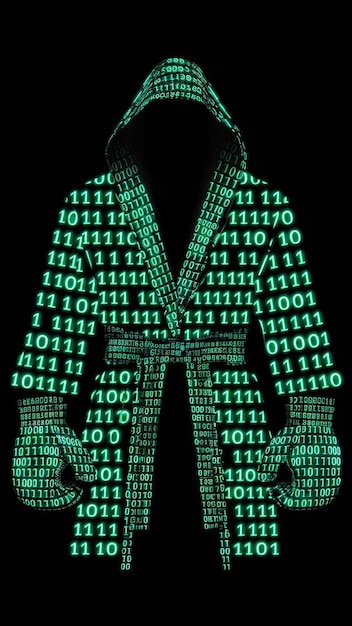 Figura encapuchada de Enigma binario envuelta en código digital