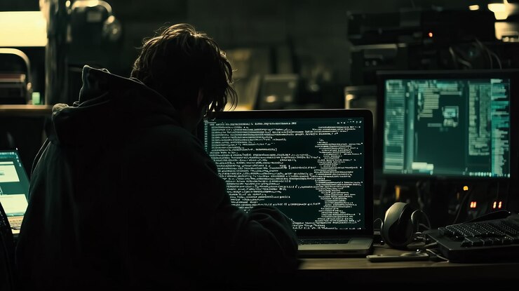 Foto figura encapuchada se inclina sobre una computadora portátil analizando el código en una pantalla oscura