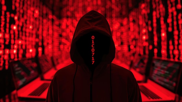 Figura encapuchada en luz roja con ilustración en código