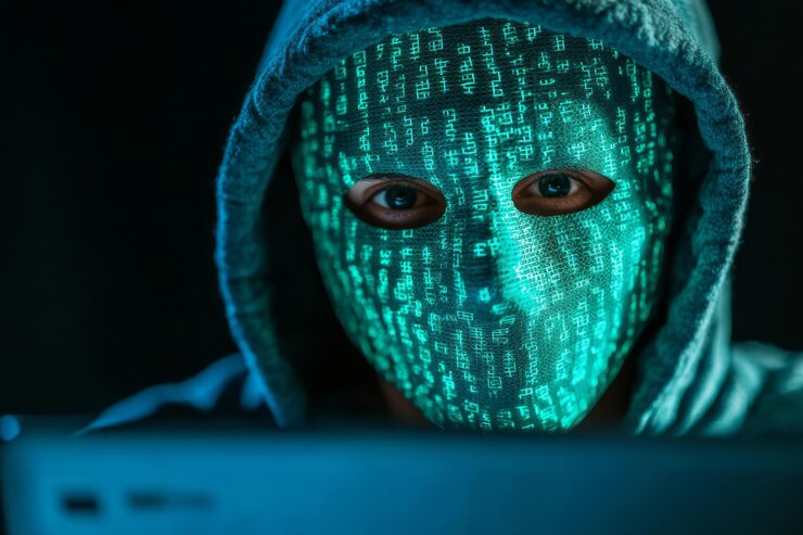 Foto una figura encapuchada con una máscara brillante trabaja en una computadora portátil en una habitación débilmente iluminada por la noche