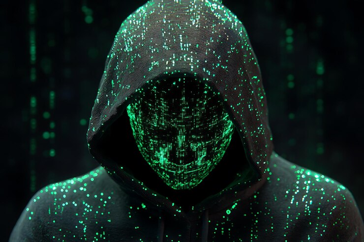 Foto una figura encapuchada con una máscara digital verde brillante iluminada por puntos verdes
