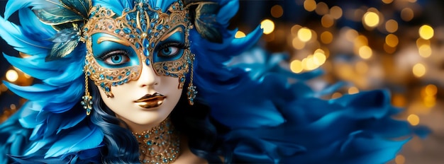 Figura enigmática com máscara veneziana com intrincadas plumas de filigrana dourada e safira