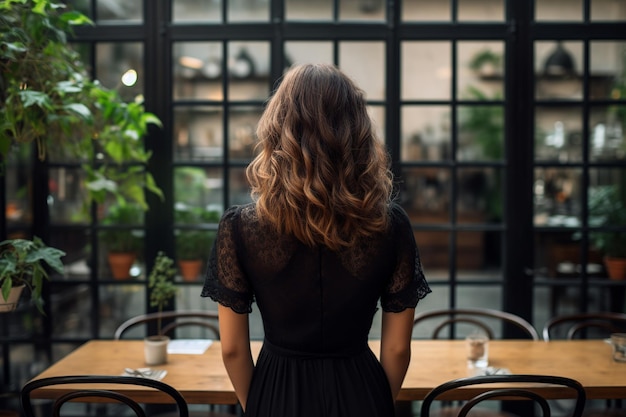 Figura enigmática con vestido negro en el café