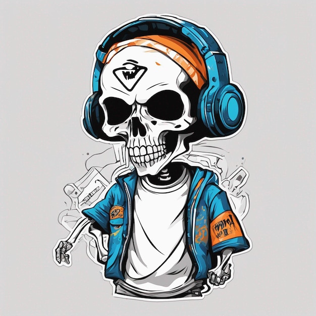 Una figura esquelética con una camiseta con un diseño clásico de hiphop, diseño de camiseta de halloween.