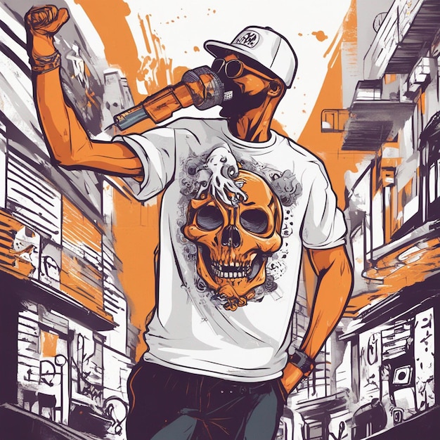 Foto una figura esquelética con una camiseta con un diseño clásico de hiphop, diseño de camiseta de halloween.