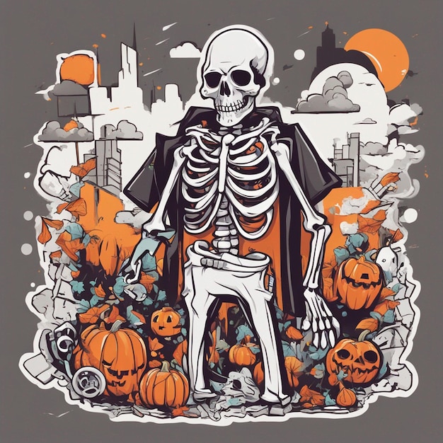 Una figura esquelética con una camiseta con un diseño clásico de hiphop, diseño de camiseta de halloween.