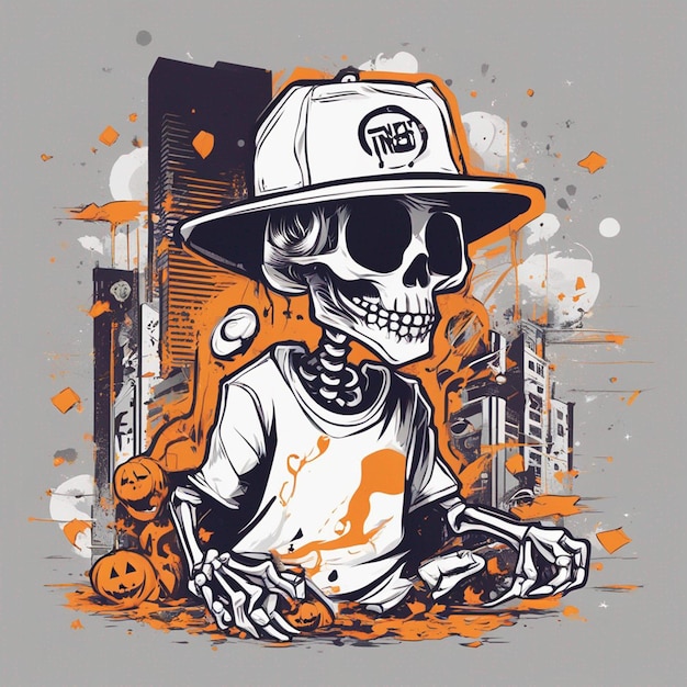 Una figura esquelética con una camiseta con un diseño clásico de hiphop, diseño de camiseta de halloween.