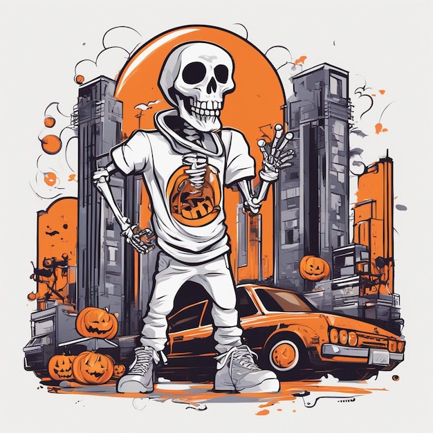 Una figura esquelética con una camiseta con un diseño clásico de hiphop, diseño de camiseta de halloween.