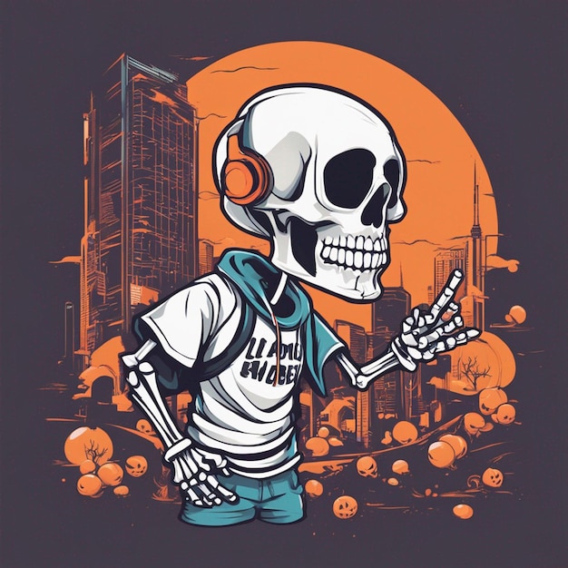 Una figura esquelética con una camiseta con un diseño clásico de hiphop, diseño de camiseta de halloween.