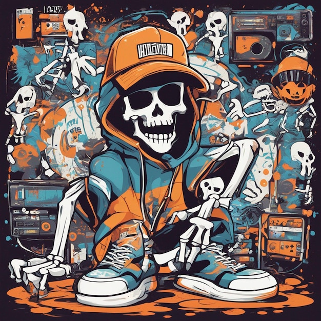 Una figura esquelética con una camiseta con un diseño clásico de hiphop, diseño de camiseta de halloween.