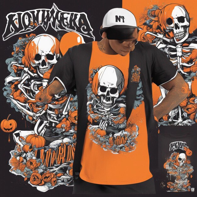 Una figura esquelética con una camiseta con un diseño clásico de hiphop, diseño de camiseta de halloween.