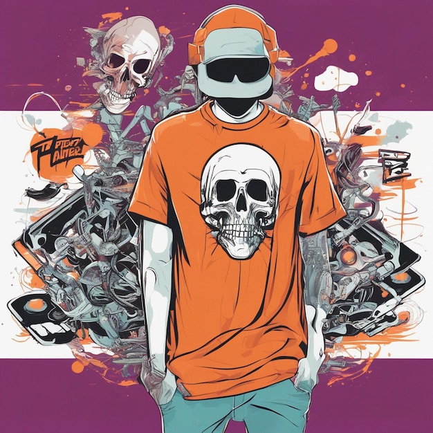 Foto una figura esquelética con una camiseta con un diseño clásico de hiphop, diseño de camiseta de halloween.