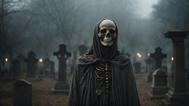 Una figura esquelética con rostro fantasmal de pie en un cementerio de almas olvidadas.