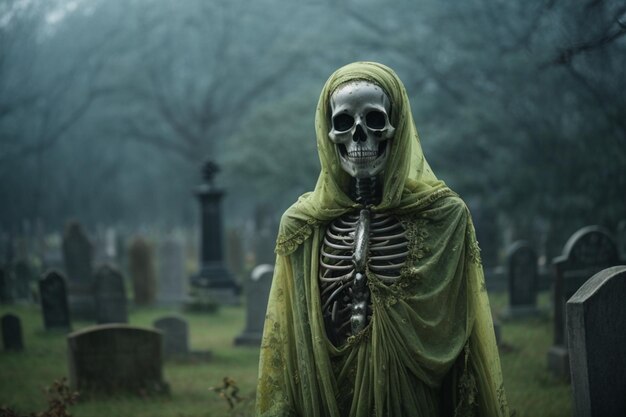 Figura de esqueleto con cara de fantasma en una atmósfera grave, intimidante y tensa.