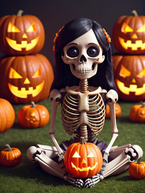 La figura de un esqueleto en una decoración de Halloween rodeada de calabazas