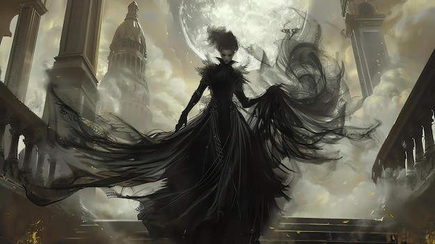 Foto una figura etérea oscura se encuentra en la parte superior de una gran escalera la figura lleva un largo vestido negro con una capa que fluye