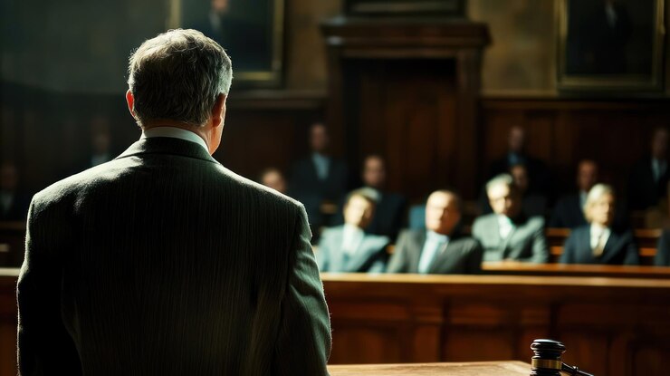 Una figura fanfarrona en una sala de juicio que ilustra el drama y la confrontación en un entorno legal
