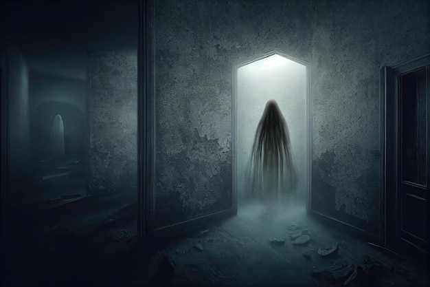 Figura fantasma assustadora na misteriosa porta brilhante abandonada interior da casa assombrada à noite ilustração digital 3D de história de horror