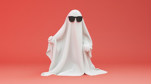 Una figura fantasma con gafas de sol se para frente a un fondo rojo.