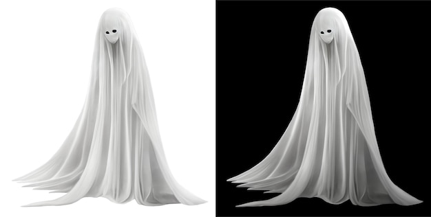 Figura fantasmagórica de espírito branco misterioso em uma máscara com rosto triste isolado em branco e em ilustração digital de fundo preto