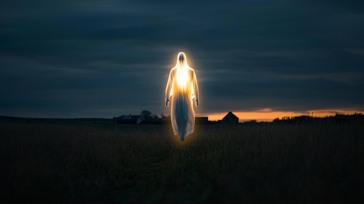Foto una figura fantasmal blanca pálida flotando sobre un campo al anochecer su forma etérea brillando suavemente en la luz que se desvanece
