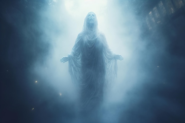 una figura fantasmal está de pie en un área de niebla