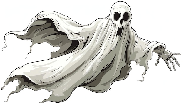 Foto una figura fantasmal con una expresión espeluznante en su rostro el fantasma lleva una sábana blanca destrozada y tiene una cabeza como un cráneo