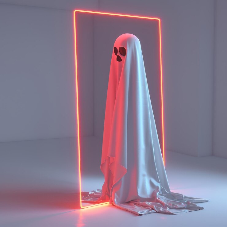 Una figura fantasmal de Halloween envuelta en blanco con gafas de sol lúdicas en un marco iluminado