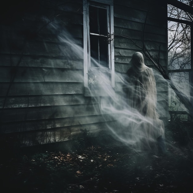 Foto una figura fantasmal parada frente a una casa con humo saliendo por la ventana