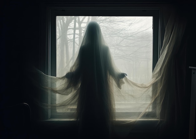 Una figura fantasmal que aparece detrás de una ventana empañada.