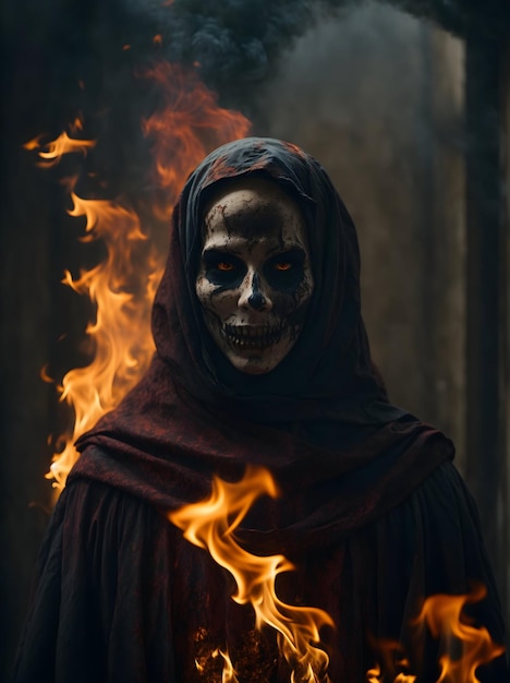 Una figura fantasmal con un rostro pálido y una sonrisa siniestra, con los ojos ardiendo con un fuego siniestro.