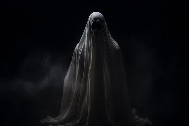 una figura fantasmal con una túnica blanca y un fondo negro