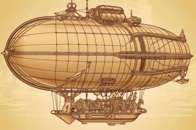 Figura fantástica do dirigível do steampunk isolada no fundo bege