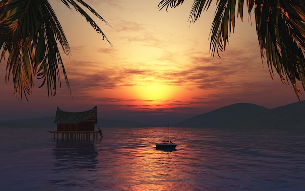 figura femenina 3D tomando el sol en un barco en un paisaje tropical al atardecer