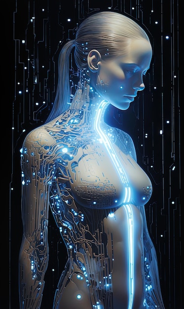 una figura femenina con un cuerpo azul y una luz azul en él