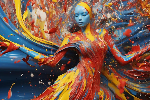 Foto una figura femenina con salpicaduras de pintura roja y azul
