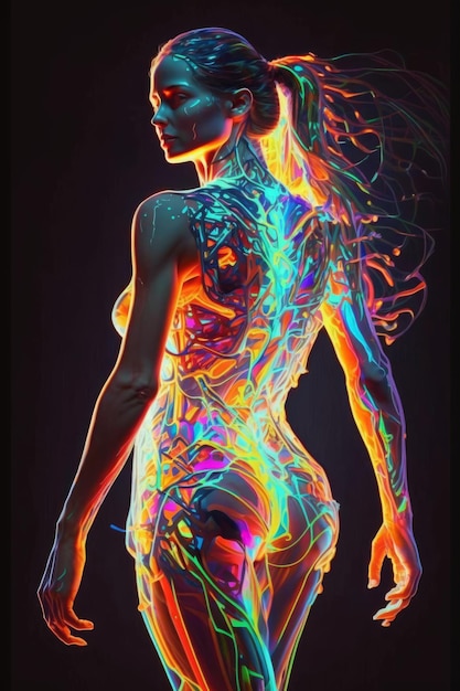 Figura feminina hiper real com contornos de neon IA generativa de imagem de corpo inteiro