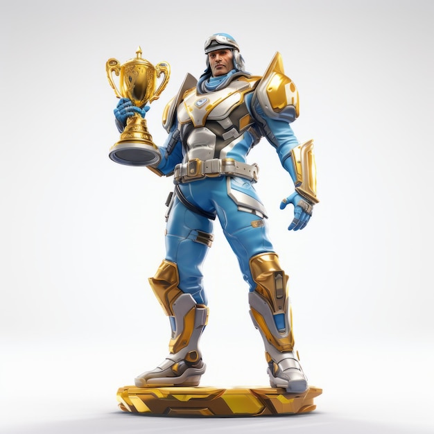 Foto figura de fortnite azul y dorada sosteniendo el trofeo rendering detallado realista