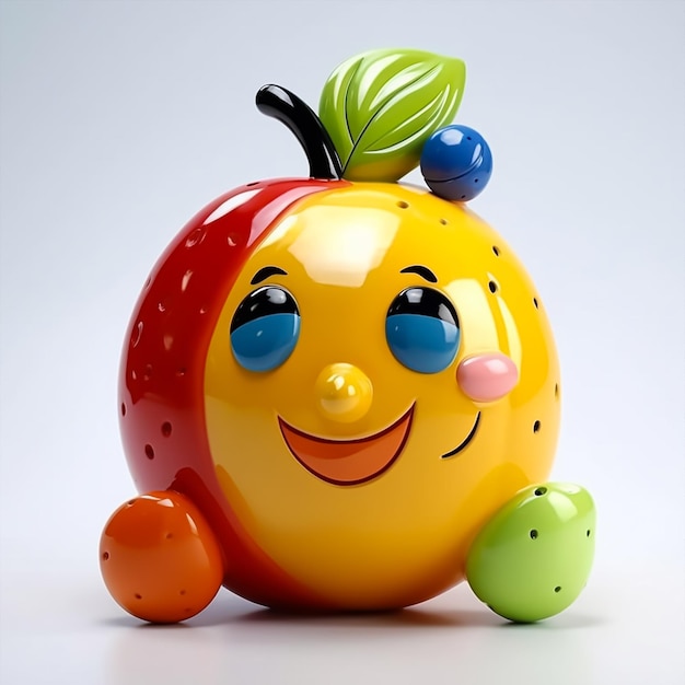 Una figura de fruta amarilla renderizada en 3D con una sonrisa