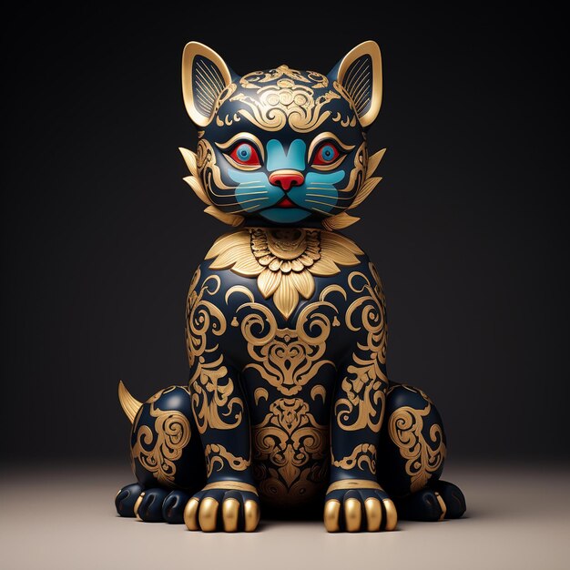 Una figura de gato amarillo con una cabeza azul y ojos azules.