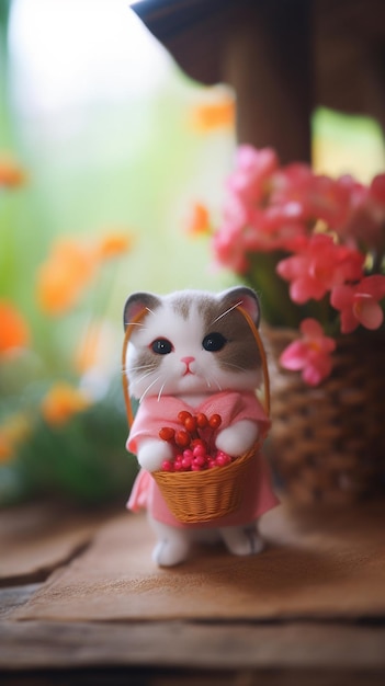 Figura de un gato con una cesta de flores.